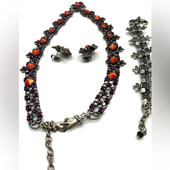 Mary DeMarco Necklace Bracelet Earrings Set Pink Silver Pewter Floral Butterfly - Picture 10 of 16